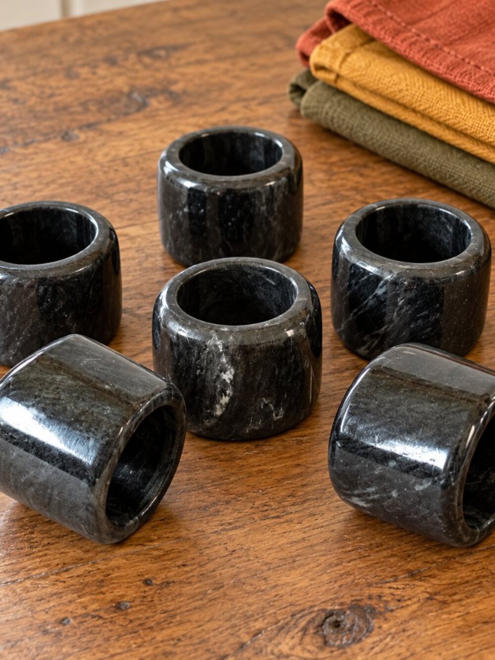 Black Natural Stone Napkin Rings Set Gray Marble Veining